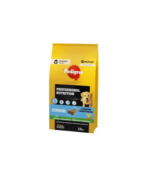 PEDIGREE Junior Professional Nutrition cu carne de pasare si legume pentru catei de talie mare si medie 12kg