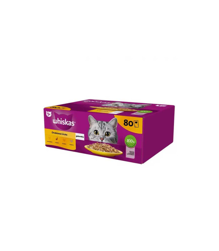 WHISKAS Adult plicuri hrana umeda pisica in aspic 80x85g cu: pui, rata, pasare, curcan