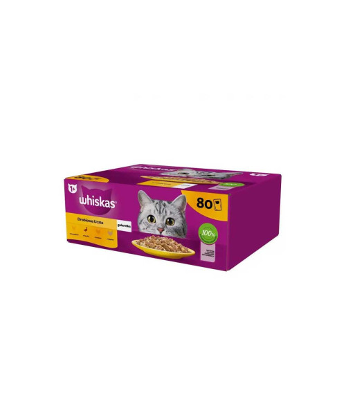 WHISKAS Adult plicuri hrana umeda pisica in aspic 80x85g cu: pui, rata, pasare, curcan