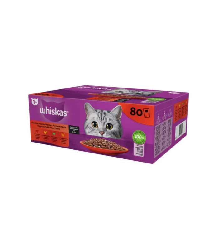 WHISKAS, Hrana umeda pentru pisici, Selectii clasice de carne in sos, mix 80 x 85 g