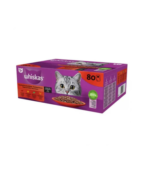 WHISKAS, Hrana umeda pentru pisici, Selectii clasice de carne in sos, mix 80 x 85 g
