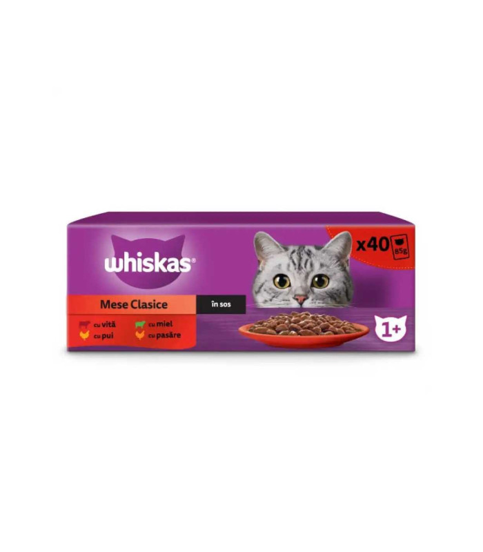 WHISKAS, Hrana umeda pentru pisici, Selectii clasice in sos de carne, Mix 40x85 g