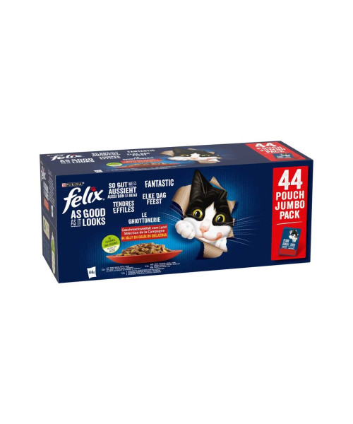Purina, Hrana umeda pentru pisici Felix Fantastic, Mix, Vita/Pui/Rata/Miel in jeleu, 44x85g