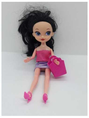 Papusica cu parul negru si gentuta roz 22 cm