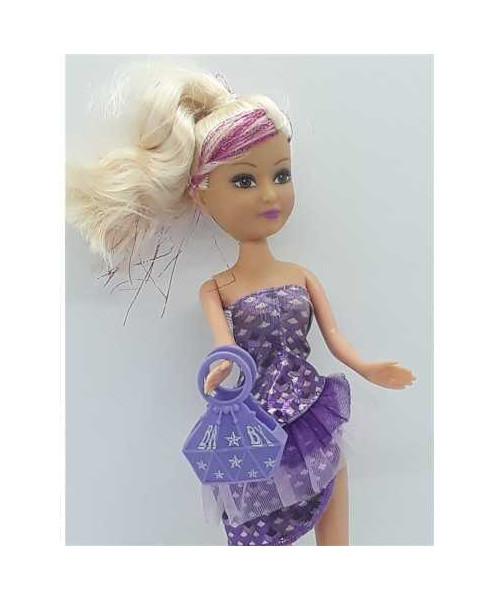 Papusica cu parul lung blond si suvita roz sclipitoare 25 cm