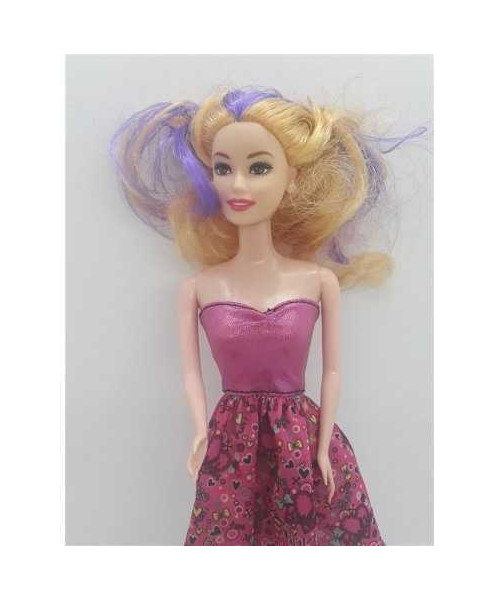 Papusica cu parul blond cu suvite mov si cercei 27 cm