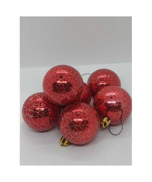 Set 6 Globuri de Craciun din plastic culoare rosu cu model argintiu