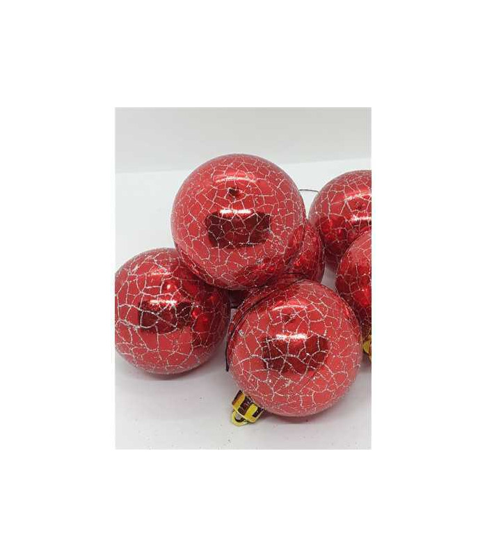 Set 6 Globuri de Craciun din plastic culoare rosu cu model argintiu