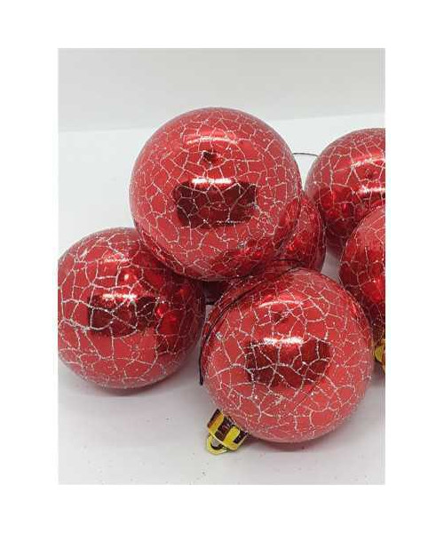 Set 6 Globuri de Craciun din plastic culoare rosu cu model argintiu