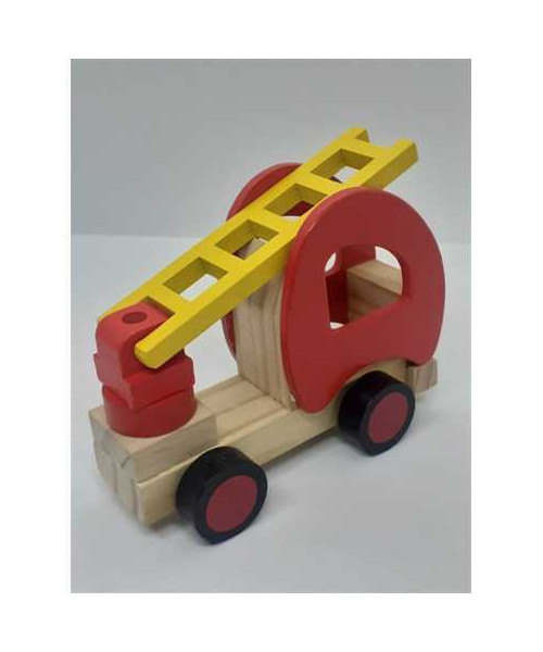 Jucarie din lemn colorata model masina pompieri cu scara