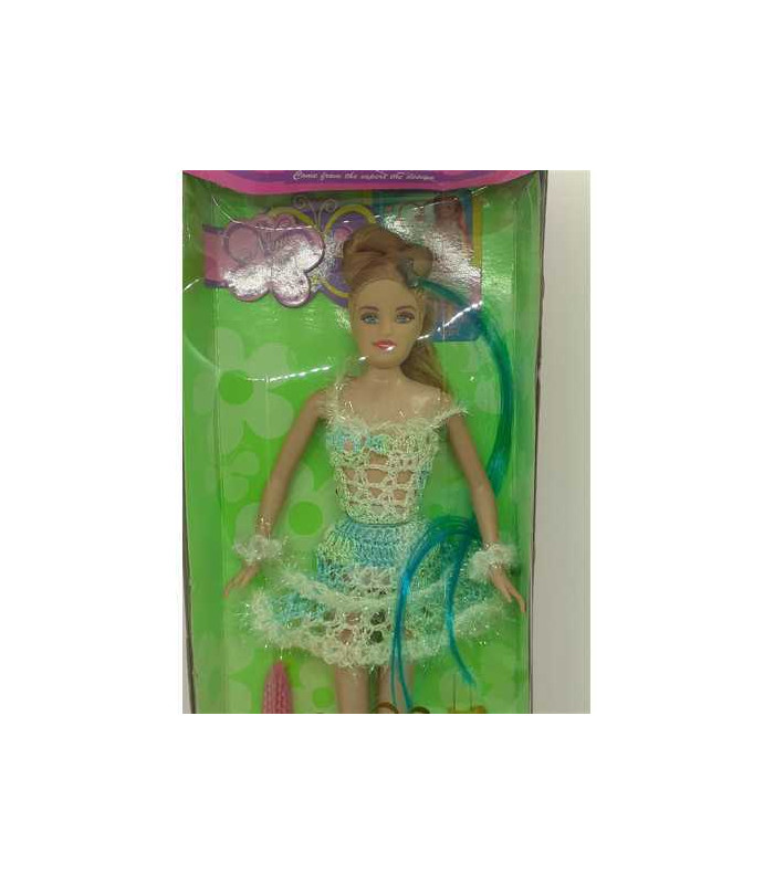 Papusa cu rochita tricotata si suvite culoare bleu