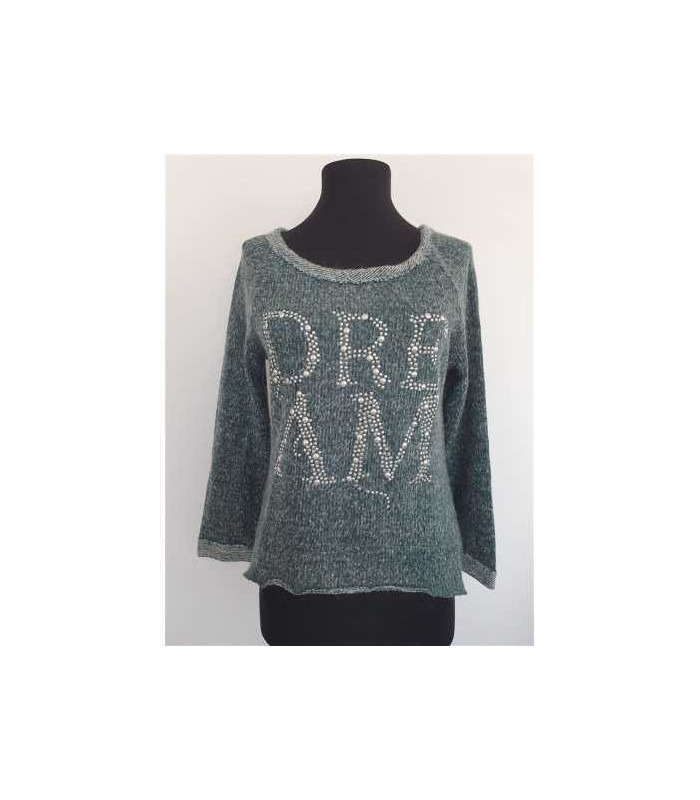 Pulover dama tricotat cu scris aplicat pe piept