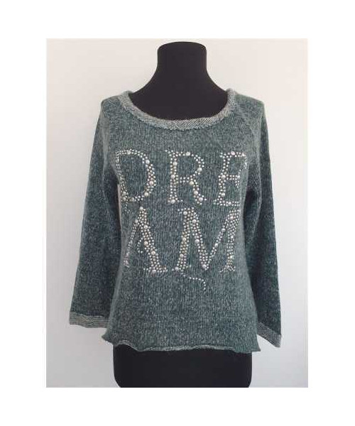 Pulover dama tricotat cu scris aplicat pe piept