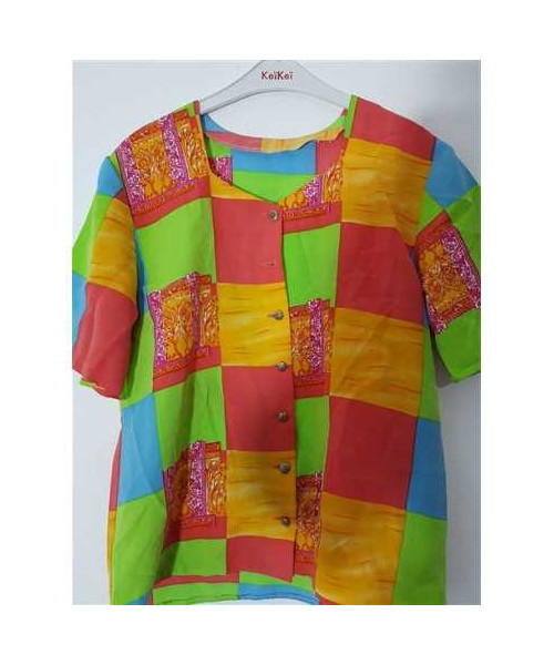 Bluzita dama cu maneca scurta model in carouri multicolore